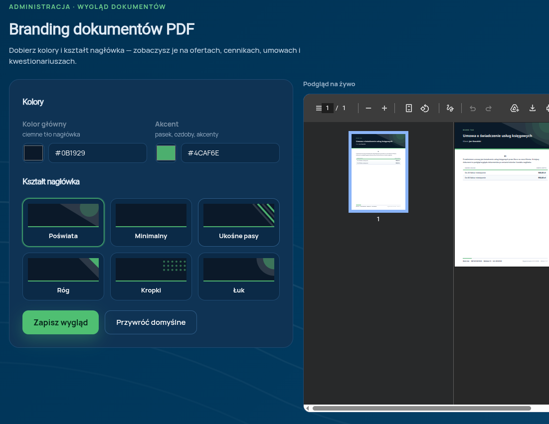 Branding dokumentów PDF w admina – kolory i kształt nagłówka umów i ofert